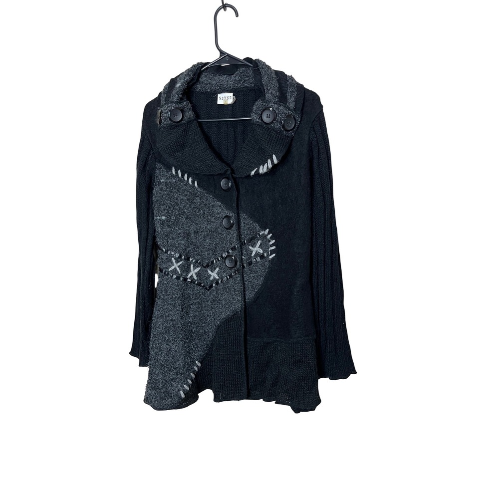 Sioni Studio Black Gray Patchwork Knit Cardigan Sweater Artful‎ Boho L